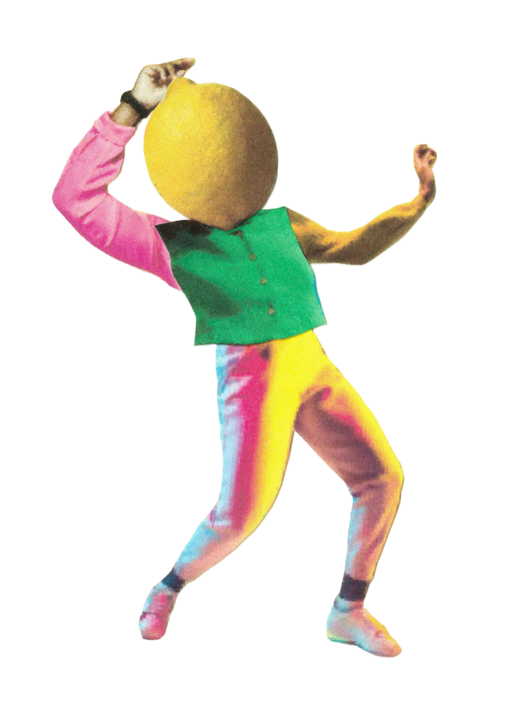 A person with a lemon for a head dancing